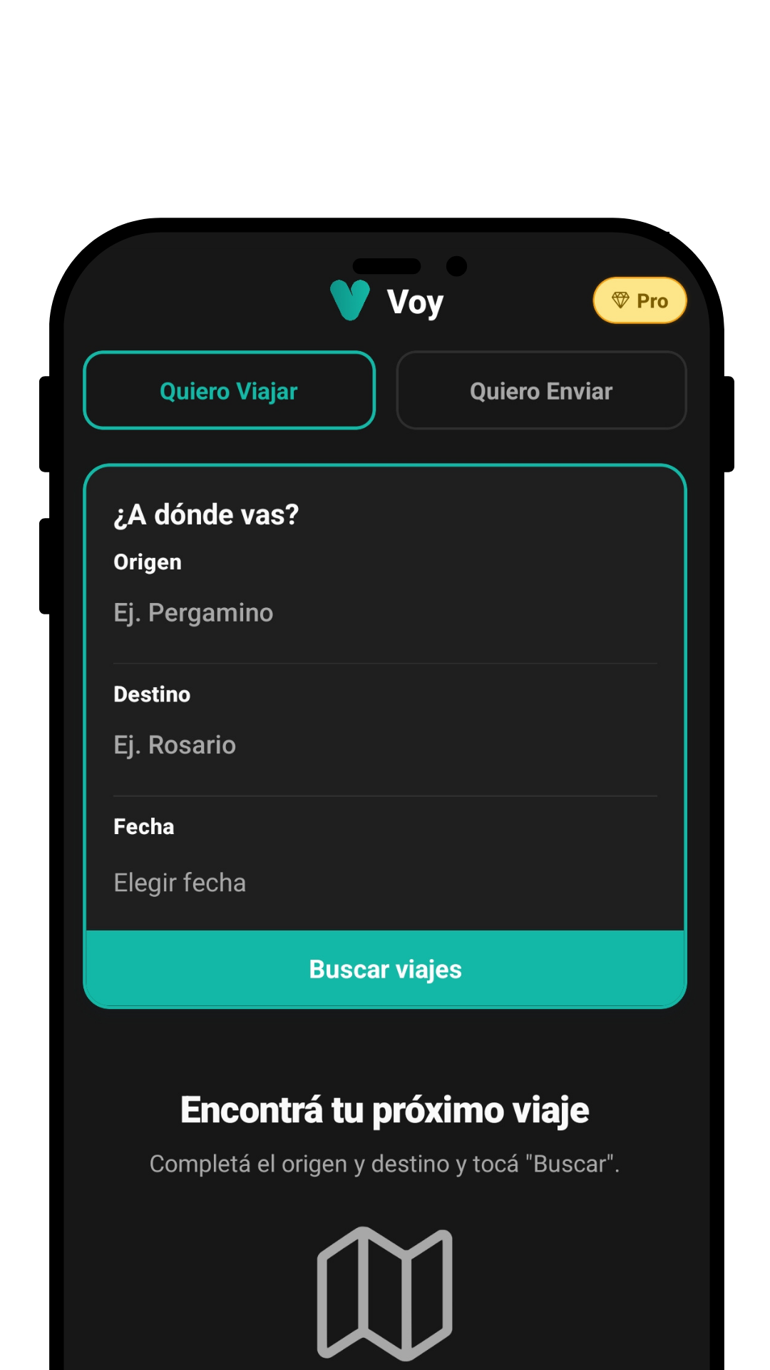 Pantalla de búsqueda de viajes en la app Voy
